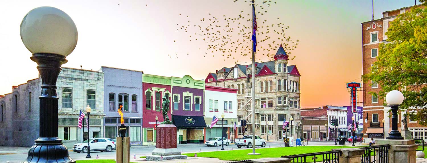 Downtown Sedalia at dusk as seen from the Courthouse steps