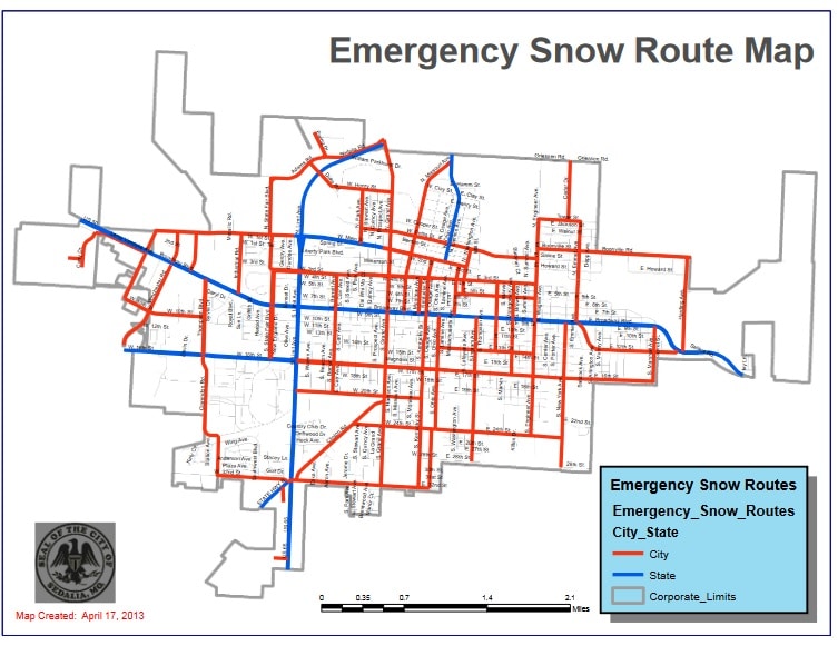 A map highlighting the emergency snow routes in Sedalia, MO