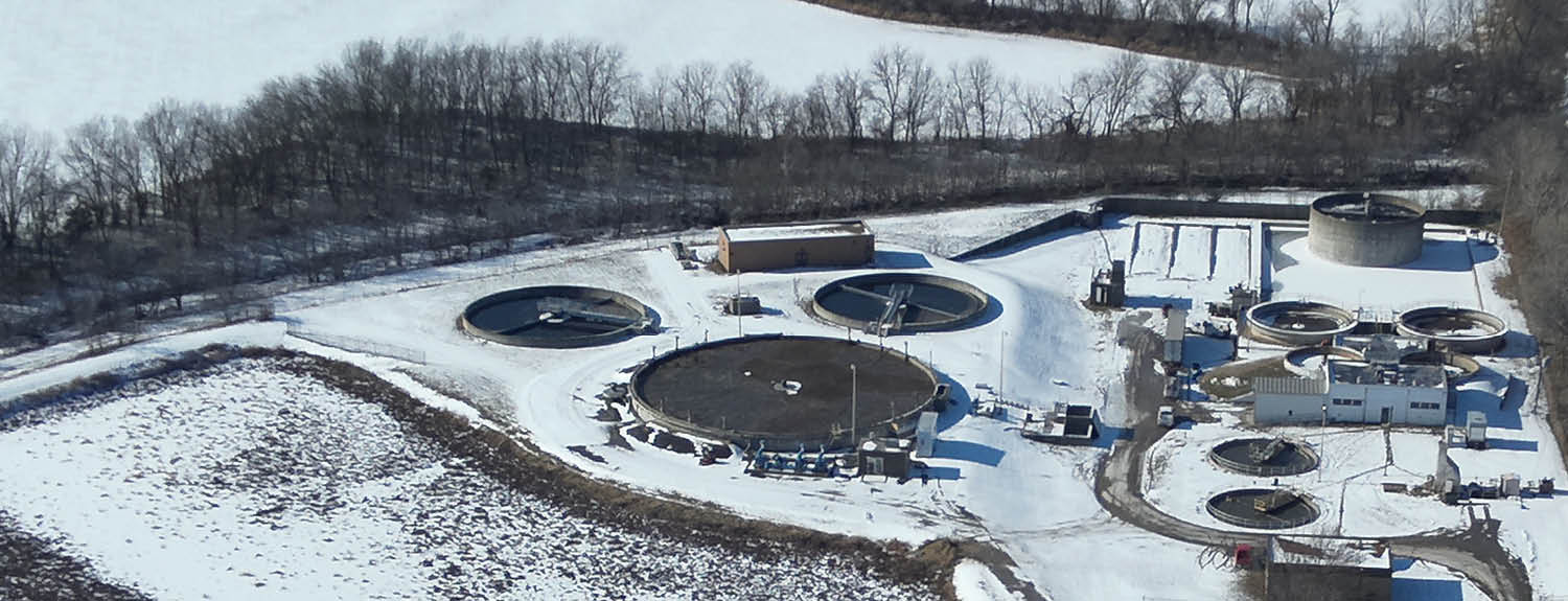 An overhead view of the Sedalia wastewater treatment plant in the winter